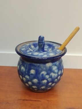 Signed Studio Pottery Blue Honey Pot with Lid and Dipper. Repaired Rim.
